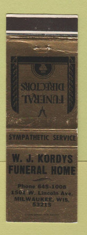 Matchbook Cover - WJ Kordy's Funeral Home Milwaukee WI