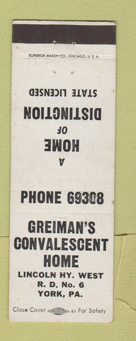 Matchbook Cover - Greiman's Convalescent Home York PA