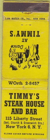 Matchbook Cover - Timmy's Steak House  and  Bar New York NY