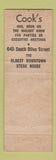 Matchbook Cover - Cook's Restaurant Steak Los Angeles CA CREASES