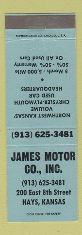 Matchbook Cover - James Motors Chrysler Plymouth Hays KS BLUE