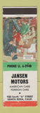 Matchbook Cover - Jansen Motors Santa Rosa CA cars WEAR
