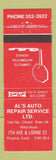 Matchbook Cover - Al's Auto Repair Service Regina SK