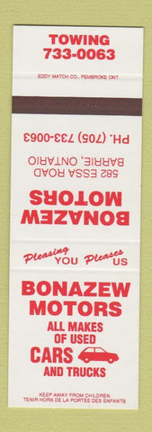 Matchbook Cover - Bonazew Motors Used Cars Barrie ON SAMPLE