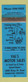 Matchbook Cover - Val's Motor Sales Hamilton ON WEAR