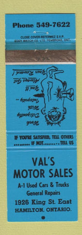 Matchbook Cover - Val's Motor Sales Hamilton ON WEAR