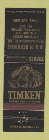 Matchbook Cover - Timken Roller Bearings B&M Brantford ON