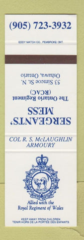 Matchbook Cover - Sergeants' Mess Ontario Regiment Oshawa ON Military SAMPLE