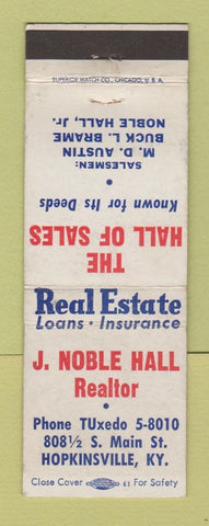 Matchbook Cover - J Noble Hall Real Estate Hopkinsville KY WEAR