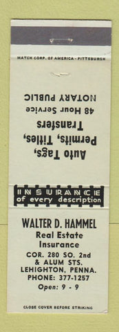 Matchbook Cover - Walter Hammel Real Estate Insurance Lehighton PA