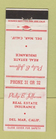 Matchbook Cover - Philip Jefferson Real Estate Insurance Del Mar CA