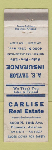 Matchbook Cover - AE Taylor Insurance Carlise Real Estate Phoenix AZ WEAR