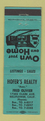 Matchbook Cover - Hofer's Real Estate Bellflower CA WORN