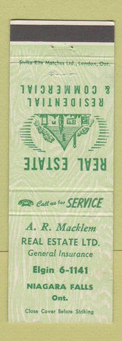 Matchbook Cover - AR Macklem Real Estate Insurance Niagara Falls ON
