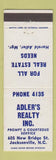 Matchbook Cover - Adler's Real Estate Jacksonville NC
