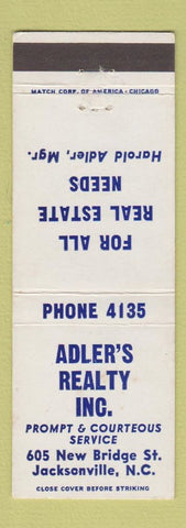 Matchbook Cover - Adler's Real Estate Jacksonville NC