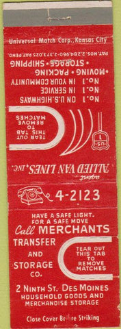 Matchbook Cover - Merchants Transfer Allied Moving Van tab