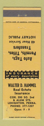 Matchbook Cover - Walter Hammel Real Estate Insurance Lehighton PA YELLOW