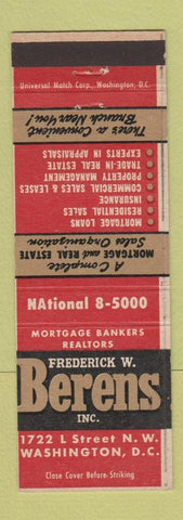 Matchbook Cover - Frederick Berens Real Estate Washington DC Insurance Policy