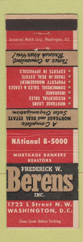 Matchbook Cover - Frederick Berens Real Estate Washington DC We Got Action