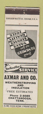 Matchbook Cover - Axmar Weatherstripping Insulation Chattanooga TN