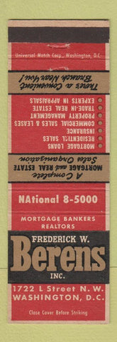 Matchbook Cover - Frederick Berens Real Estate Washington DC Check Basement