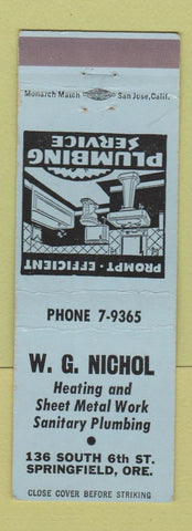 Matchbook Cover - WG Nichol Heating Sheet Metal Work Springfield OR
