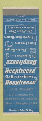 Matchbook Cover - Deepfreeze Appliances Paul Dorsney Richardson Park DE