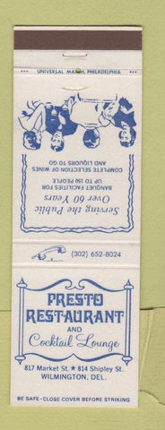 Matchbook Cover - Presto Restaurant Wilmington DE