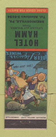 Matchbook Cover - Hotel Hamm Breinigsville PA hillbilly