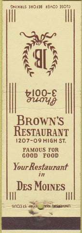 Matchbook Cover - Brown's Restaurant Des Moines IA tan