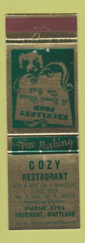 Matchbook Cover - Cozy Restaurant Thurmont MD