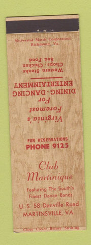 Matchbook Cover - Club Martinique Martinsville VA