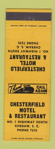 Matchbook Cover - Chesterfield Motel Restaurant Cheraw SC