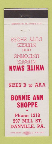 Matchbook Cover - Bonnie Ann Shoppe Danville PA White Swan Nurse Uniforms