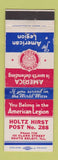 Matchbook Cover - American Legion Holtz Hirst South Beloit IL
