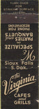 Matchbook Cover - The Virginia Cafe Sioux Falls SD