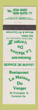 Matchbook Cover - Restaurant La Maison Du Verger Compton QC
