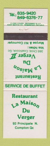 Matchbook Cover - Restaurant La Maison Du Verger Compton QC