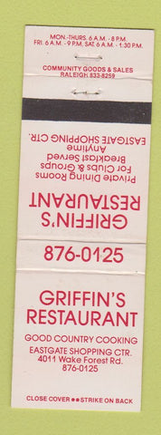 Matchbook Cover - Griffin's Restaurant Raleigh NC