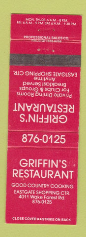 Matchbook Cover - Griffin's Restaurant Raleigh NC