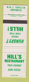 Matchbook Cover - Hill's Restaurant Orillia ON