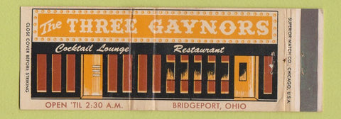 Matchbook Cover - Three Gaynors Restaurant Bridgeport OH Full Length