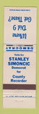 Matchbook Cover - Stanley Simoncic County Recorder Election Belmont County OH