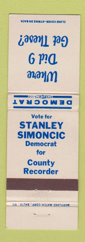 Matchbook Cover - Stanley Simoncic County Recorder Election Belmont County OH