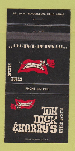 Matchbook Cover - Tom Dick & Harry's Steaks Massillon OH 30 Strike