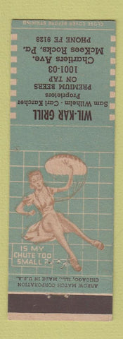 Matchbook Cover - Wil Kar Grill McKees Rocks PA ARROW pinup