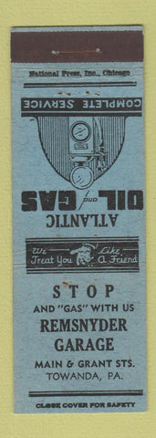 Matchbook Cover - Remsnyder Garage oil gas Atlantic Towanda PA