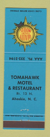 Matchbook Cover - Tomahawk Motel Restaurant Quality Court Motels Ahoskie NC