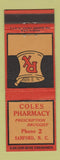 Matchbook Cover - Coles Pharmacy Drug Store Sanford NC low phone #